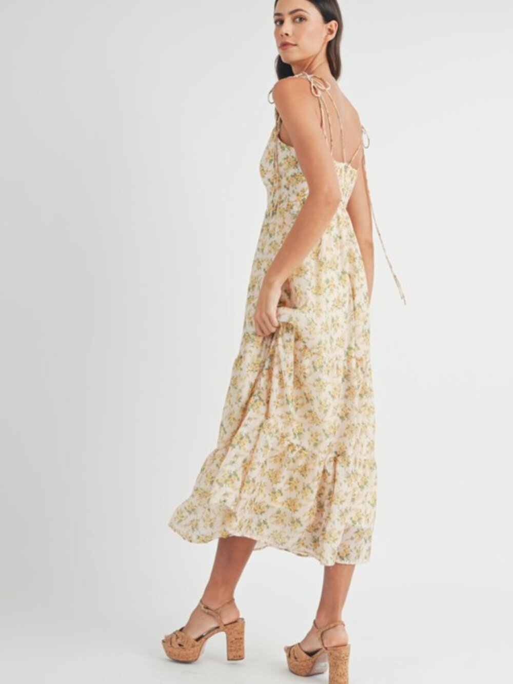 Floral print double self tie spaghetti strap tiered midi dress. Small - Picture 6 of 7